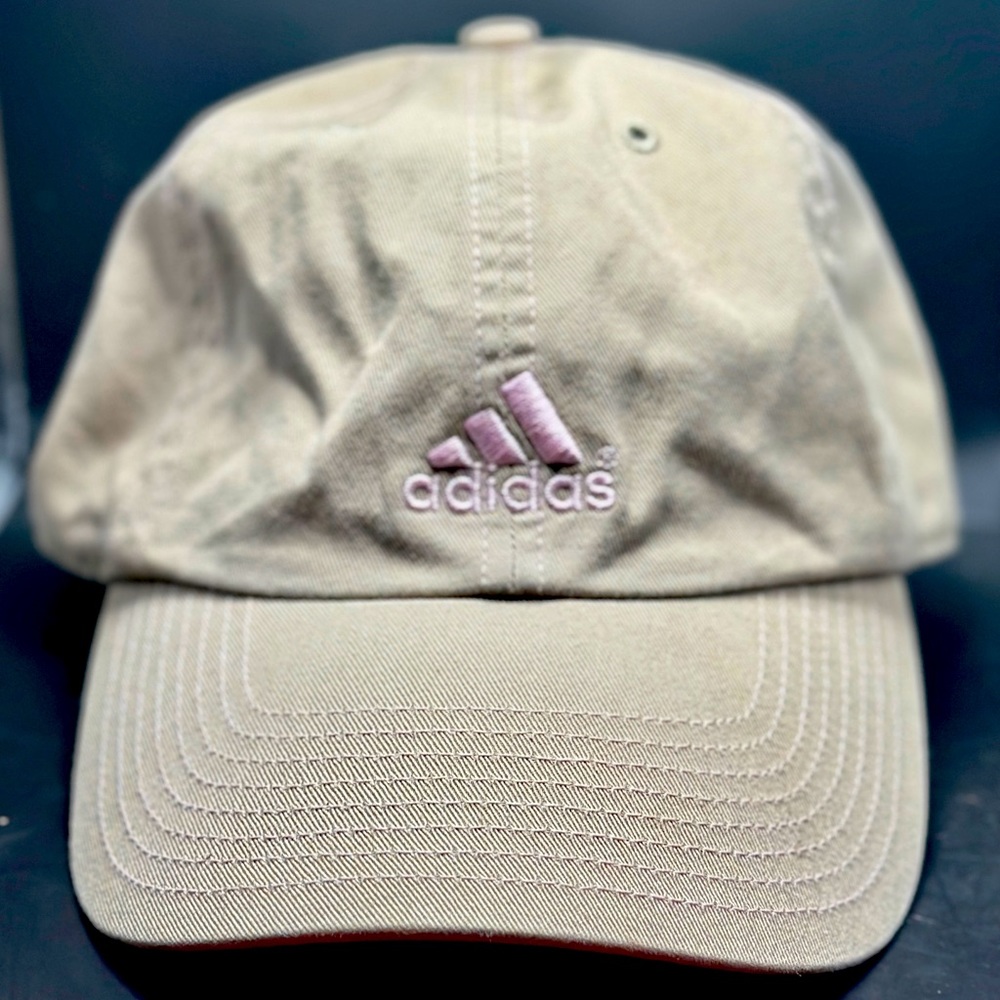 ADIDAS Adjustable Baseball Hat - Tan, Taupe, Pink Embroidery, One Size